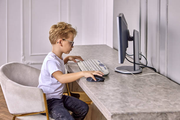 niño de 6 años con gafas se sienta detrás de la computadora para estudiar. - eyewear child glasses 6 7 years fotografías e imágenes de stock