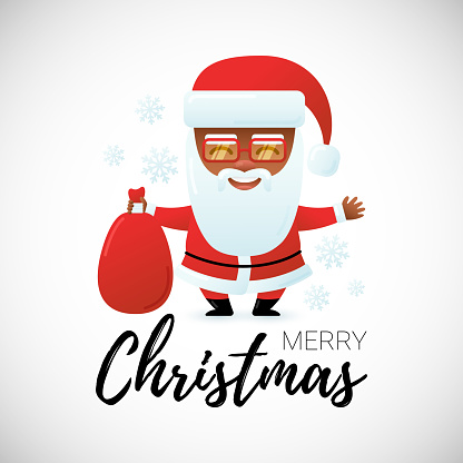 Vector Joyful African American Santa Claus with Bag. Cartoon Character. Black Text Merry Christmas. New Year Greeting Card.