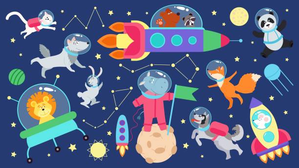 istock Space animals set. Kid planets, flat cartoon animal astronauts. Cute characters in spaceship, flying in rocket in universe. Children cosmos decent vector elements 1347492614