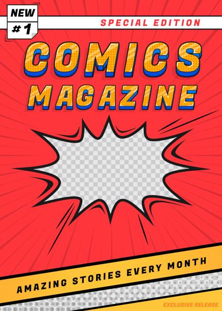 Cover comic book. Funny superhero magazine, edit page with title. Art graphic poster, funny children or teenagers entertainment decent vector template Cover comic book. Funny superhero magazine, edit page with title. Art graphic poster, funny children or teenagers entertainment decent vector template. Illustration of magazine book with entertainment colorful page borders stock illustrations