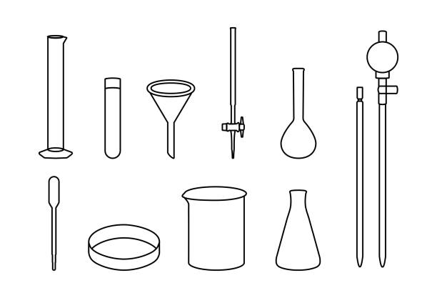 실험실 화학 유리 제품 도구의 벡터 큰 세트. 과학 실험실 아이콘, 화학. 흰색으로 격리된 편집 가능한 흑백 아이콘을 선또는 윤곽선으로 표시합니다. - laboratory petri dish chemistry science stock illustrations