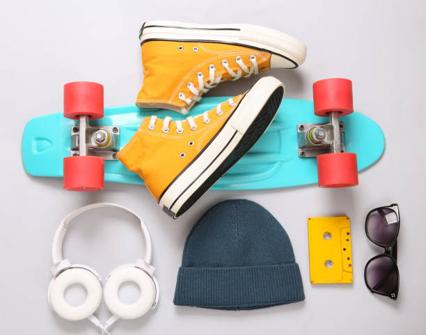 istock Hipster outfit on gray background. Youth flat lay still life 1347497202