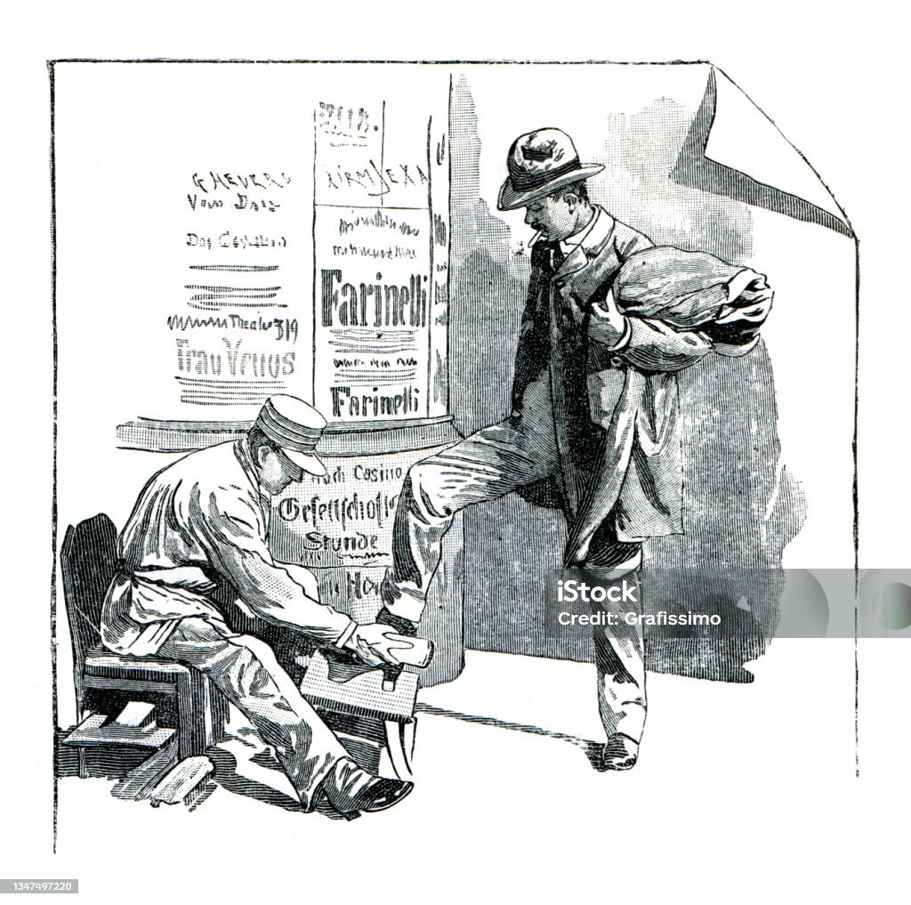 Sapato engraxate de shoeshiner em Berlim 1895 - Ilustração de Engraxate royalty-free