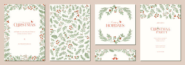 uniwersalne templates_12 świąteczne - christmas frame holly leaf stock illustrations