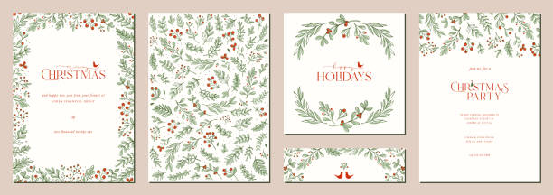 Universal Christmas Templates_12 Merry and Bright Corporate Holiday cards. Universal abstract creative artistic templates with birds, modern background, frame and copy space. lush foliage stock illustrations