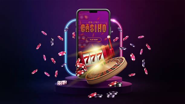istock Podium with smartphone, casino slot machine, Casino Roulette, poker chips and gradient neon square frame in dark empty scene. 1347498267