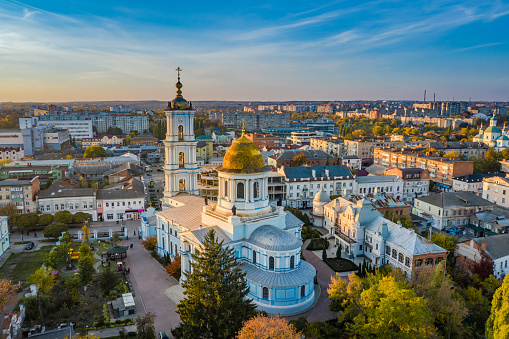 Aerial view to Saviour-Transfiguration cathedral, Ukrainian Orthodox Church, Sumy city, Ukraine