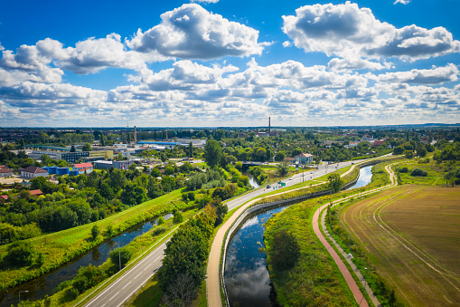 Aerial scenery of the Radunia canal in Pruszcz Gdanski, Poland