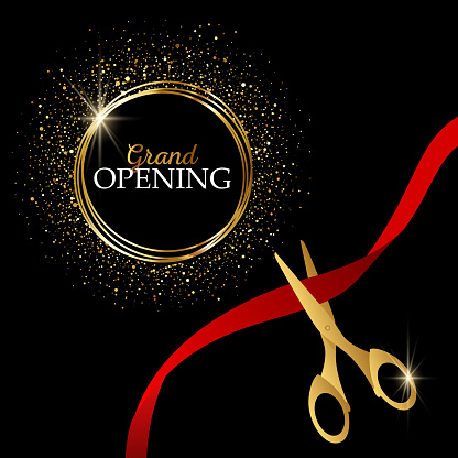 Grand opening design with ribbon, balloons and gold scissors, fireworks. Realistic Vector