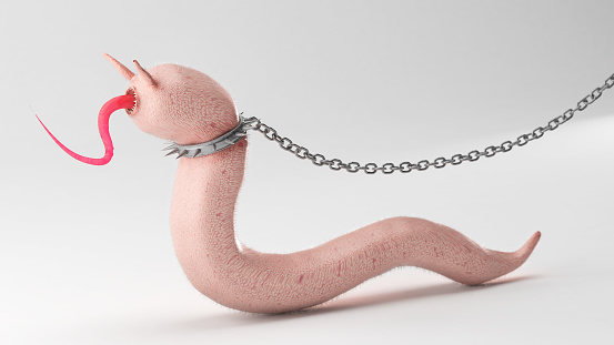Worm like scary creature design on chain leash, 3d illustration animal character concept