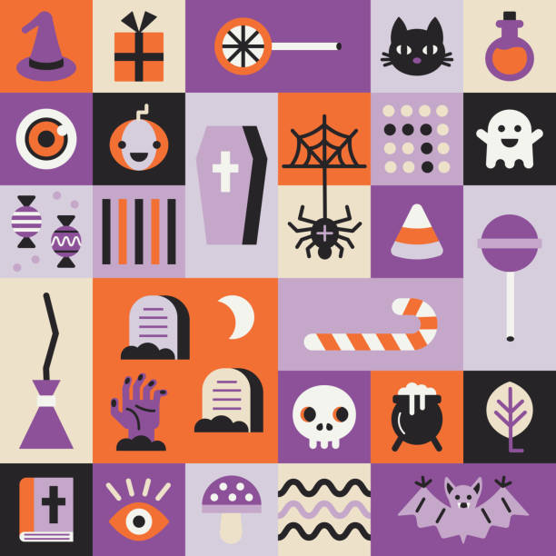 ilustraciones, imágenes clip art, dibujos animados e iconos de stock de conjunto plano de elementos de halloween. colección vectorial con calabaza, araña, gato, calavera, caramelo, fantasma, murciélago, seta. - spider web halloween corn pumpkin