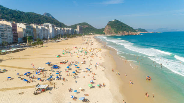 Aerial view of Rio de Janeiro, Brazil Aerial image of Ipanema Beach in Rio de Janeiro. 4K. corcovado stock pictures, royalty-free photos & images