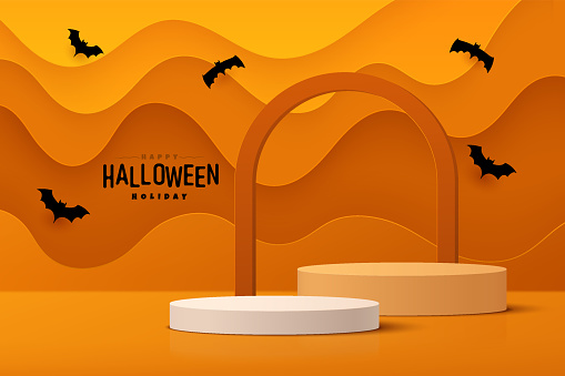 Abstract realistic 3D white and orange cylinder pedestal podium set with wavy layers backdrop. Happy halloween minimal scene for product display presentation. Vector geometric rendering platform.