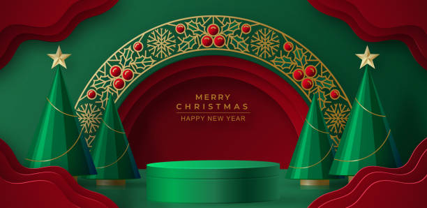 istock Podium round stage style for Merry christmas and happy new yea 1347508888