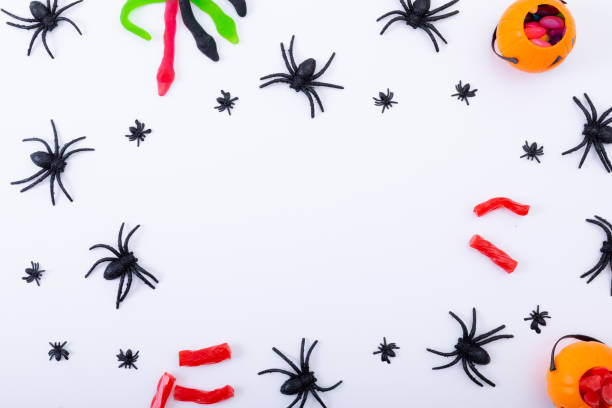 istock Composition of halloween spiders and sweets with copy space on white background 1347509234