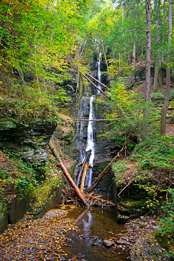Silver Thread Falls in Dingmans Ferry, Pennsylvania, on a mid-autumn afternoon, viewed through luscious foliage colors with long exposure blur
