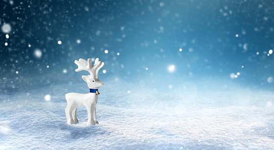 Deer and Christmas winter snow background with snowdrifts on blue sky at night, copy space. Christmas background, banner