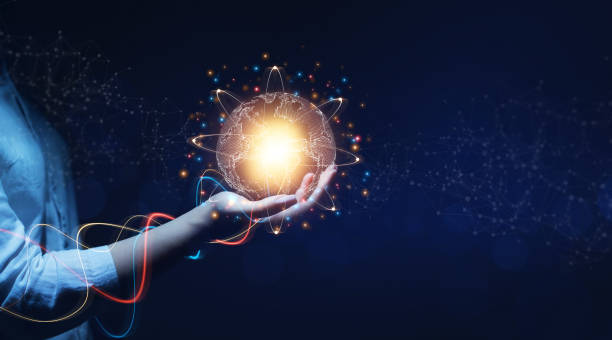 istock Business woman hand holding earth globe with data exchanges on molecules technology background. Global networking connection, science, innovation and communication technology. 1347512726