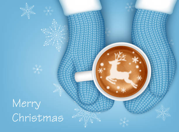 Christmas New Year design Hands in knitted mittens holding a cup of coffee. Christmas greeting card template Knitted Gloves stock illustrations