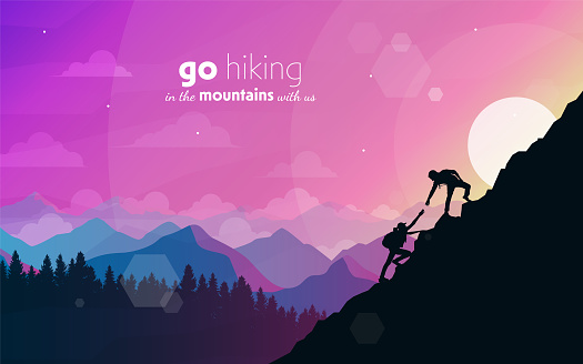 Climb to the top of the mountain. Helping hand. Travel concept of discovering, exploring, observing nature. Hiking tourism. Adventure. Minimalist graphic flyer. Polygonal flat design. Vector