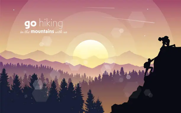 Vector illustration of Man and woman climbing mountain. Teamwork. Travel concept of discovering, exploring, observing nature. Hiking tourism. Adventure. Minimalist graphic flyer. Polygonal flat design. Vector illustration