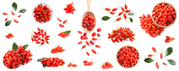 istock Set of fresh goji berries on white background, top view. Banner design 1347514314