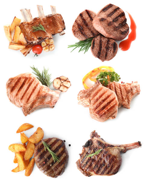 istock Set with different delicious grilled meat on white background 1347515545