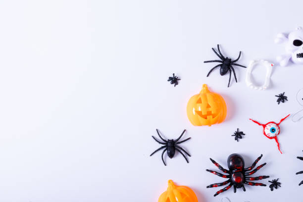 istock Composition of halloween decorations with spiders and pumpkin with copy space on white background 1347516300