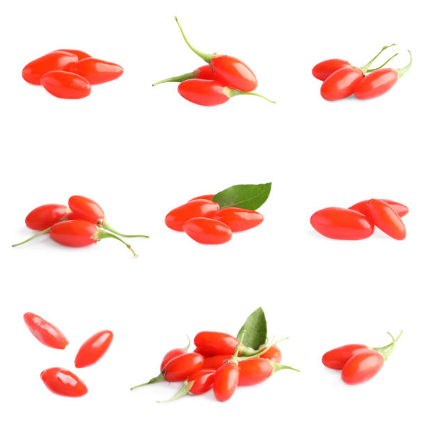 set of fresh goji berries on white background - lycium chinese imagens e fotografias de stock