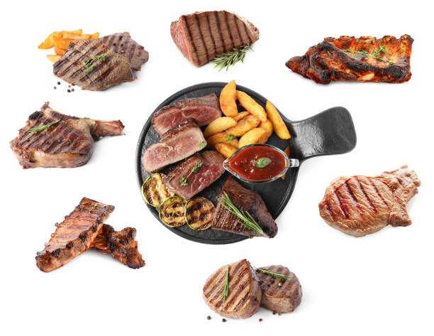 istock Set with different delicious grilled meat on white background, top view 1347517459