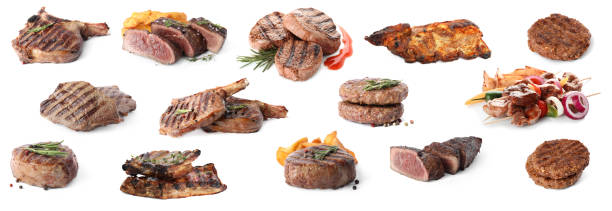 istock Set with different delicious grilled meat on white background, banner design 1347517679