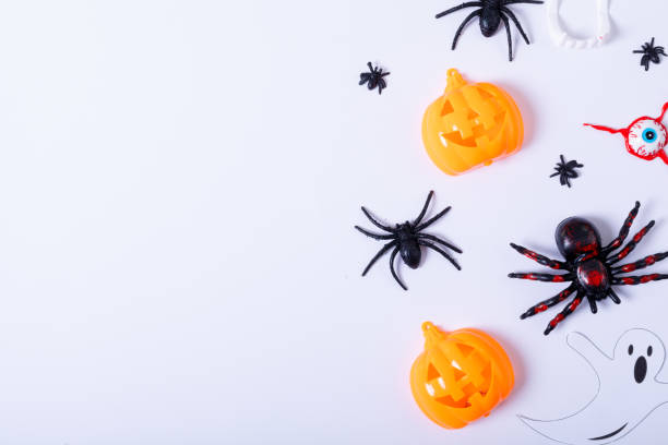 istock Composition of halloween decorations with spiders and pumpkin with copy space on white background 1347517898