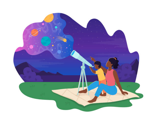 Space observation 2D vector isolated illustration Space observation 2D vector isolated illustration. Parent with child stargaze. Family watching stars, planets flat characters on cartoon background. Discovering galaxy with telescope colourful scene starry sky telescope stock illustrations