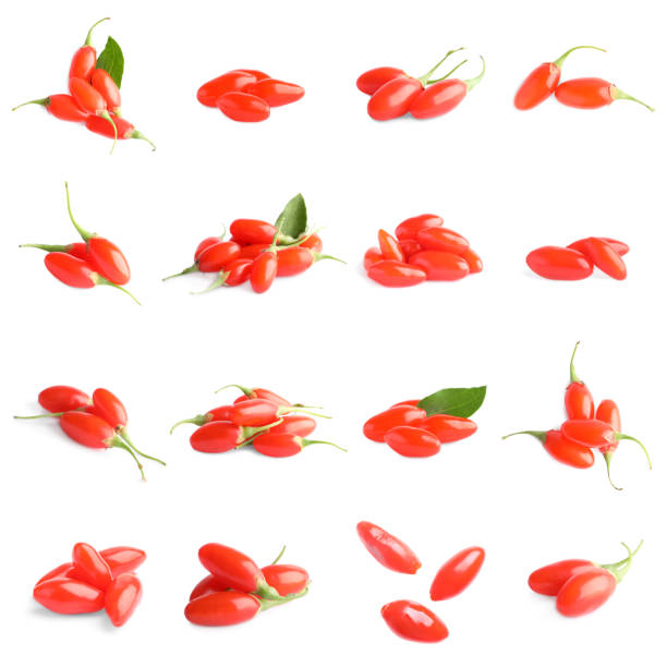 set of fresh goji berries on white background - lycium chinese imagens e fotografias de stock