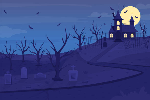 nawiedzona rezydencja na wzgórzu płaska kolorowa ilustracja wektorowa - cemetery hill stock illustrations