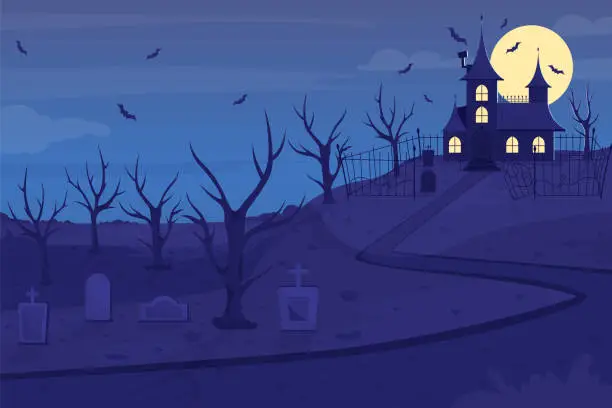 Vector illustration of Haunted mansion on hill flat color vector illustration