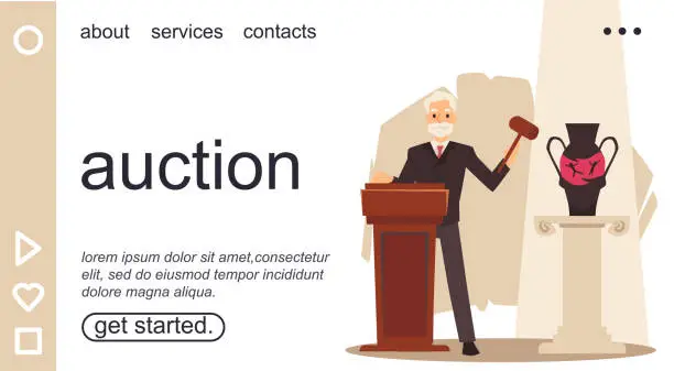 Vector illustration of Auction site with an auctioneer makes announcement, flat vector illustration.