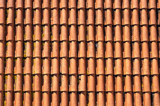Close-up of a tiled roof on a domestic house in the Portuguese city of Porto.