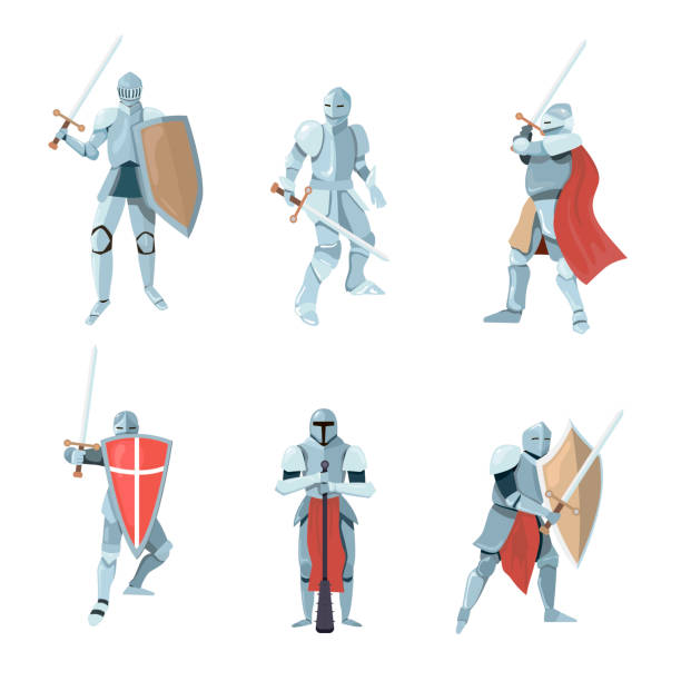 Chivalry cartoon vector illustration set Chivalry cartoon vector illustration set. Knights or medieval fighters, soldiers in different poses during battle or fight. Man characters in armor with shields. History, armor, duel concept knight person stock illustrations