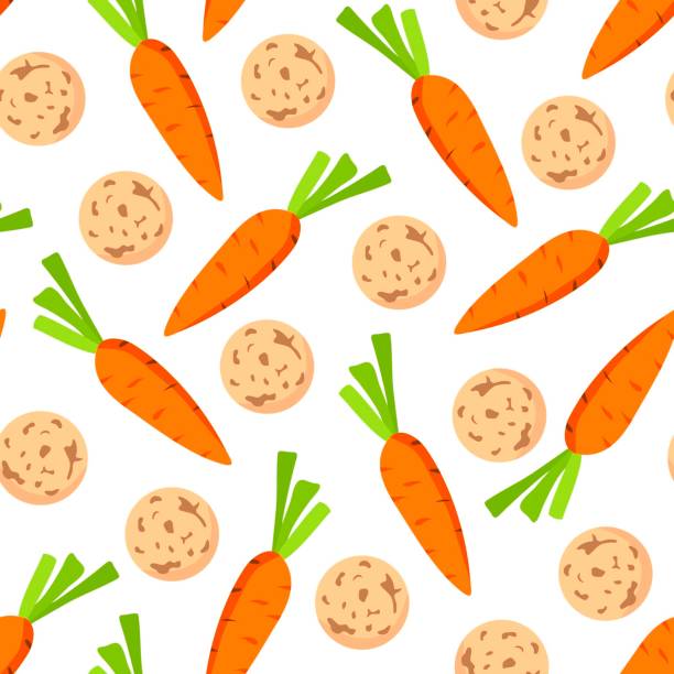 stockillustraties, clipart, cartoons en iconen met simple colored vector seamless pattern. carrots and cookies on a white background. celebration of st. nicholas day, sinterklaas. for printing wrapping paper, gifts, textiles. - sinterklaas cadeaus