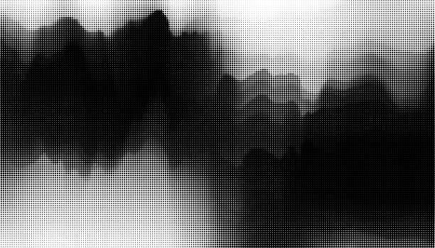 abstrakter schwarz-weiß-farbverlauf halbton polka dots stil berg fluidität landschaft muster hintergrund - fluidity stock-grafiken, -clipart, -cartoons und -symbole