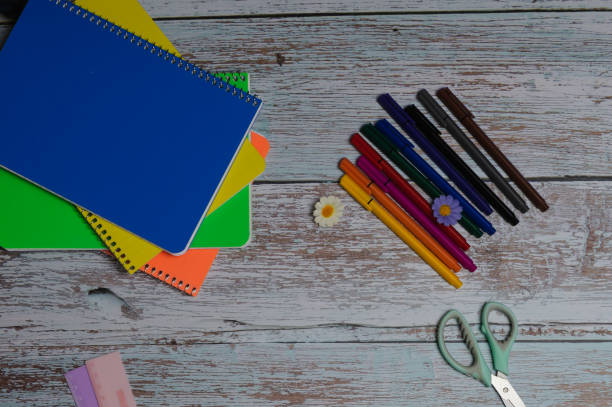 istock Beautiful bright layout of school subjects top view 1347522191