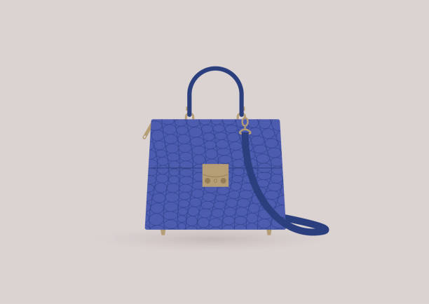 eine blaue krokodilhauttasche mit goldenen elementen, klassischer stil - handtasche stock-grafiken, -clipart, -cartoons und -symbole