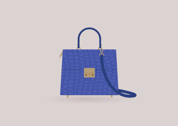 A blue crocodile skin bag with golden elements, classic style A blue crocodile skin bag with golden elements, classic style handbag stock illustrations