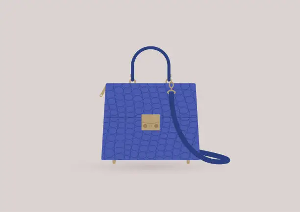 Vector illustration of A blue crocodile skin bag with golden elements, classic style