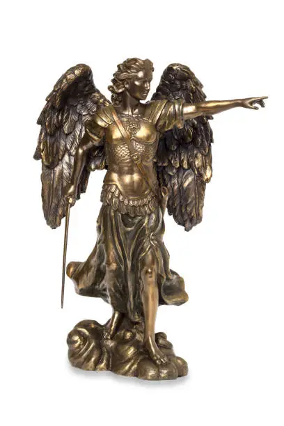 Photo of Bronze statue of Saint Michael on an isolated white background.