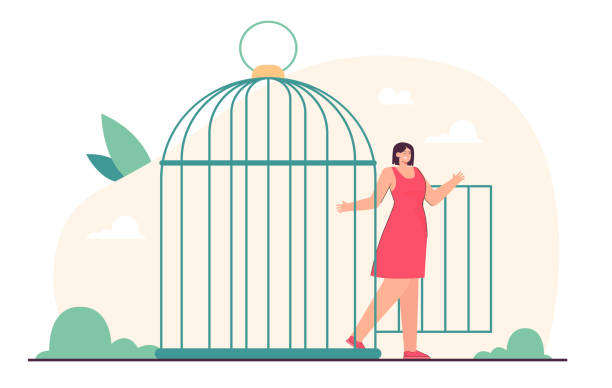 Young beautiful woman coming out of open birdcages door Young beautiful woman coming out of open birdcages door. Depressed person leaving jail in form of cage flat vector illustration. Freedom, violence, mental health, new opportunities concept prison lockdown stock illustrations