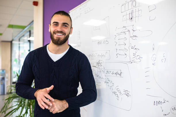 istock A happy young man in front of a whiteboard 1347527385