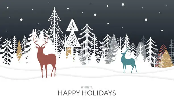 Vector illustration of Christmas Background with Trees, Mountains and Deers