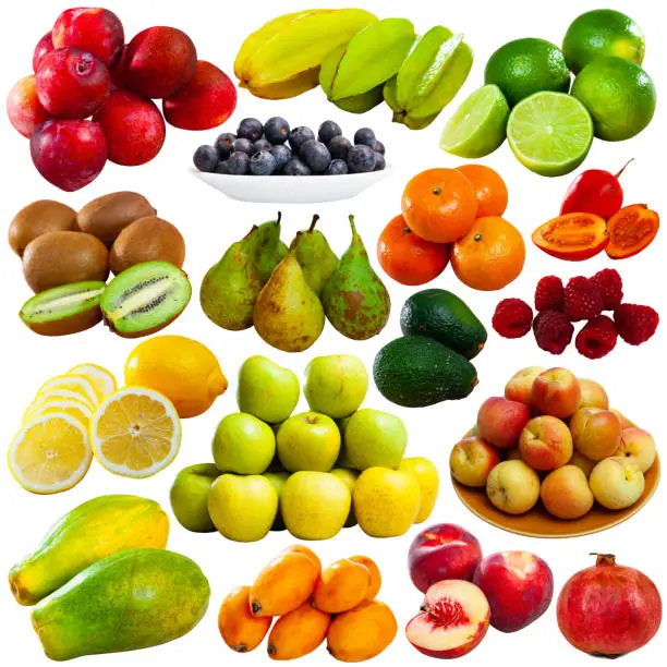 Photo of Collage with fruits on white background